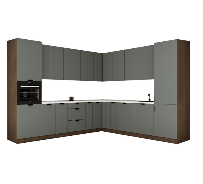 Winkelküche 345 x 285 cm Ohne Arbeitsplatte Eckküche Einbauküche , Sorento KS12-M345 , Grün / Dunkle Eiche