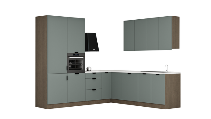 Winkelküche 265 x 225 cm Eckküche Ohne Arbeitsplatte Einbauküche L küche , Sorento KS15-M265 , Grün / Dunkle Eiche