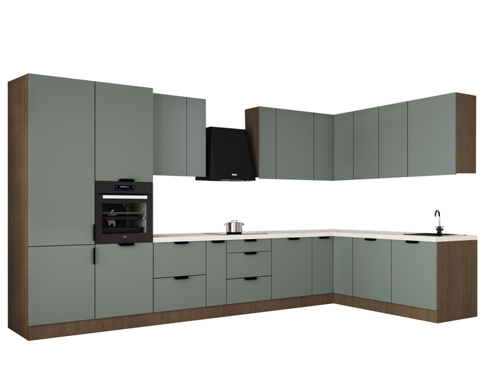 Winkelküche 405 x 205 cm Viel Stauraum Küchenzeile Küchenblock Ohne E-Geräten Einbauküche, Sorento KS5-M405 Grün/Dunkle Eiche