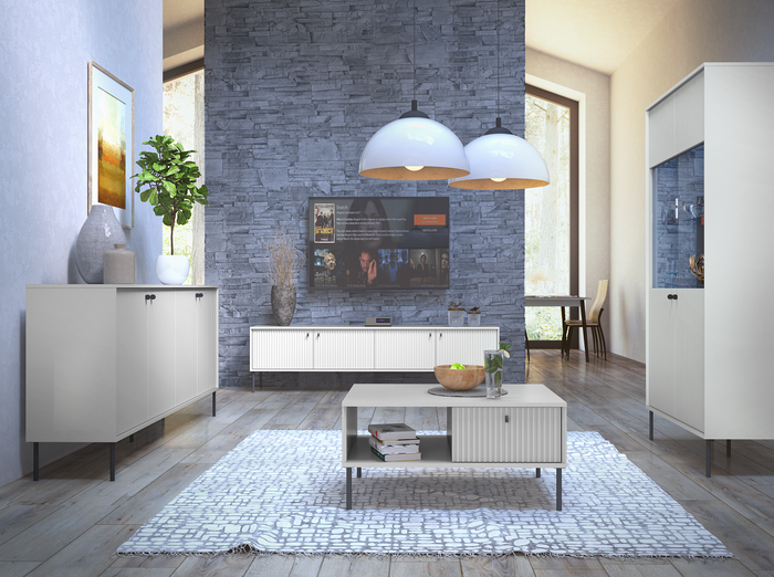 Wohnzimmer-Set IVELA – 4-teilig mit TV-Lowboard, Couchtisch, beleuchteter Vitrine und Sideboard – Grau