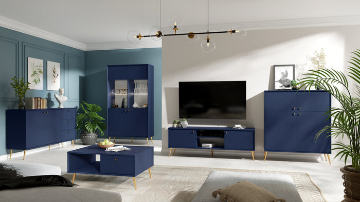Wohnzimmer-Set ROSVIA – 5-teilig mit Vitrine, 2 Sideboards, TV-Lowboard und Couchtisch – Vitrine wahlweise mit oder ohne Beleuchtung – Dunkelblau