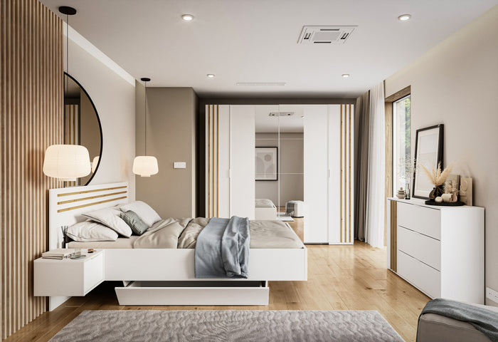 Schlafzimmer-Set FLOVIA – 6-teilig mit Schiebetürenschrank, Bett in 2 Liegeflächen (160×200 oder 180×200 cm), 2 Nachttischen, Schubkasten-Set und Kommode – Alpinweiß