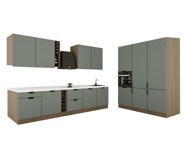 Küchenzeile 315x180 cm Einbauküche Ohne Arbeitsplatte Küchenschränke Küchenblock , Sorento KS14-M315 , Grün/Dunkle Eiche