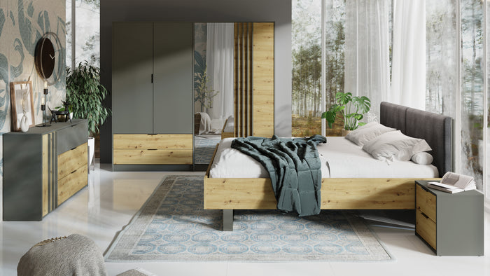 Schlafzimmer-Set RAVENO – 5-teilig mit Kleiderschrank, Bett in 2 Liegeflächen (160×200 oder 180×200 cm), Lattenrost, Kommode und 2 Nachttischen – Grau Graphit / Artisan Eiche