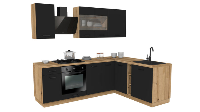 Winkelküche 240x180 cm mit Arbeitsplatte - SIMPLY Z3 - Schwarz Matt / Eiche