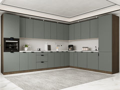 Winkelküche 385 x 285 cm Ohne Arbeitsplatte Eckküche Einbauküche , Sorento KS11-M385 , Grün/Dunkle Eiche