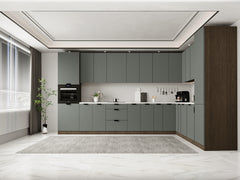 Winkelküche 385 x 285 cm Ohne Arbeitsplatte Eckküche Einbauküche , Sorento KS11-M385 , Grün/Dunkle Eiche