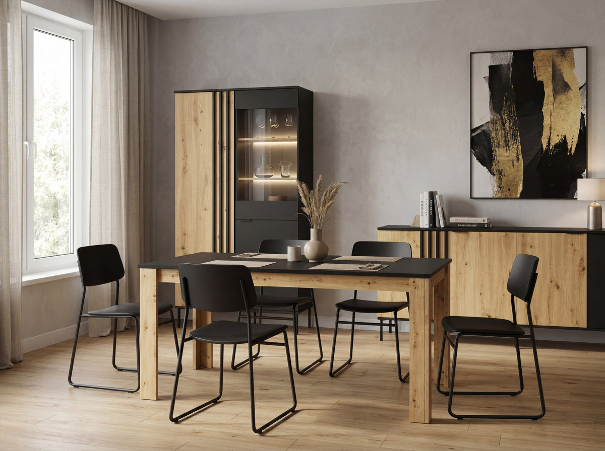Esszimmer-Set RAVENO – 3-teilig mit Vitrine, Sideboard und Esstisch 180 cm – Vitrine wahlweise mit oder ohne Beleuchtung