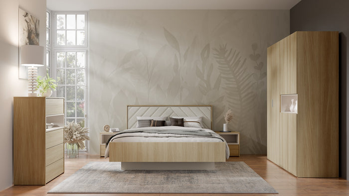 Schlafzimmer-Set VARENO - 5-teilig 160×200 oder 180×200 cm, wahlweise mit oder ohne Bettkasten, Latten– 5-teilig mit Betrost – Barista Eiche / Wüstensand