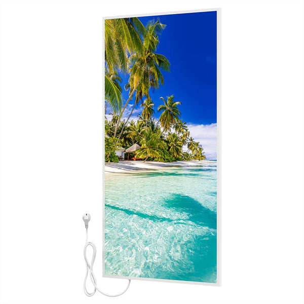 Bringer® Bild Infrarotheizung mit Rahmen 800 Watt - Palmenstrand, Malediven.