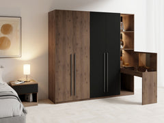Kleiderschrank WENOVA 20 mit Regal, Toilettentisch und Spiegel – wahlweise mit oder ohne Beleuchtung – Walnuss Elegant / Schwarz Onyx