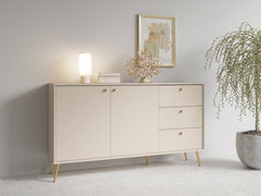 Esszimmer-Set ROSVIA – 4-teilig mit Vitrine, 2 Sideboards und Esstisch 180 cm – Vitrine wahlweise mit oder ohne Beleuchtung – Wüstensand