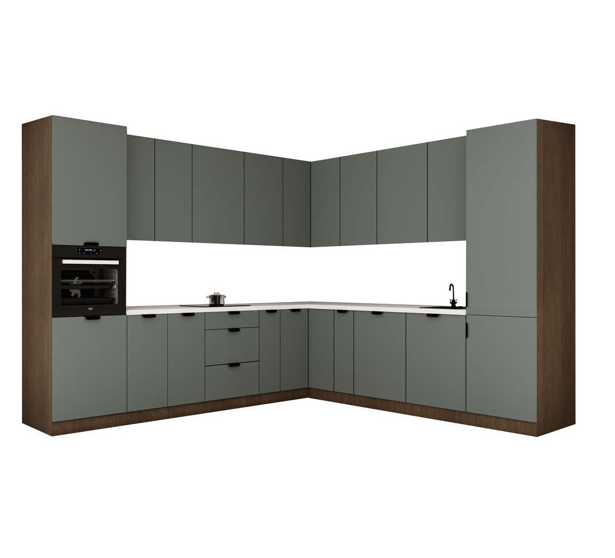 Winkelküche 345 x 285 cm Ohne Arbeitsplatte Eckküche Einbauküche , Sorento KS12-M345 , Grün / Dunkle Eiche