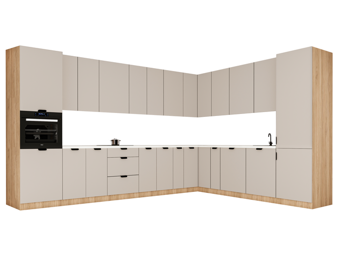 Winkelküche 385 x 285 cm Ohne Arbeitsplatte Eckküche Einbauküche , Sorento KS11-M385 , Beige/Sonoma Eiche