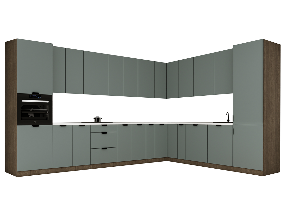 Winkelküche 385 x 285 cm Ohne Arbeitsplatte Eckküche Einbauküche , Sorento KS11-M385 , Grün/Dunkle Eiche