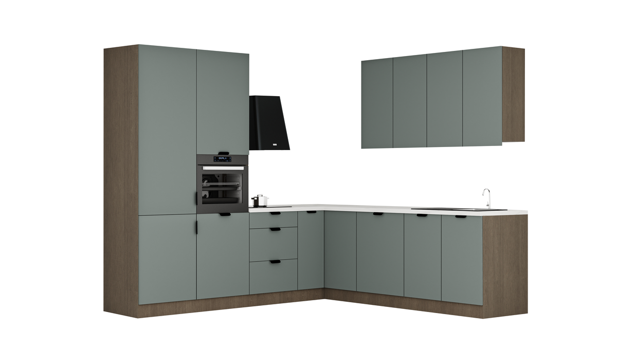 Winkelküche 265 x 225 cm Eckküche Ohne Arbeitsplatte Einbauküche L küche , Sorento KS15-M265 , Grün / Dunkle Eiche
