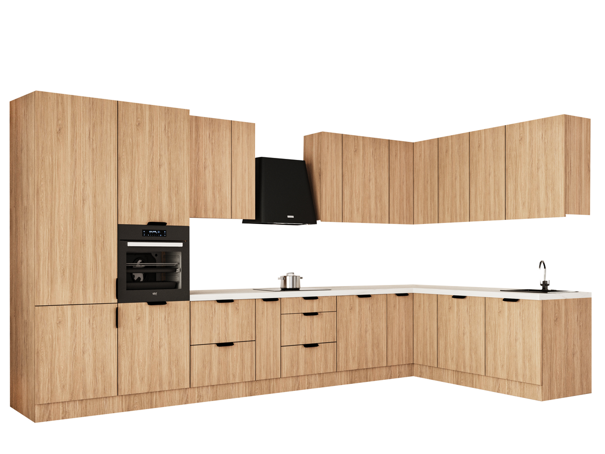 Winkelküche 405 x 205 cm Viel Stauraum Küchenzeile Küchenblock Ohne E-Geräten Einbauküche, Sorento KS5-M405 Sonoma Eiche