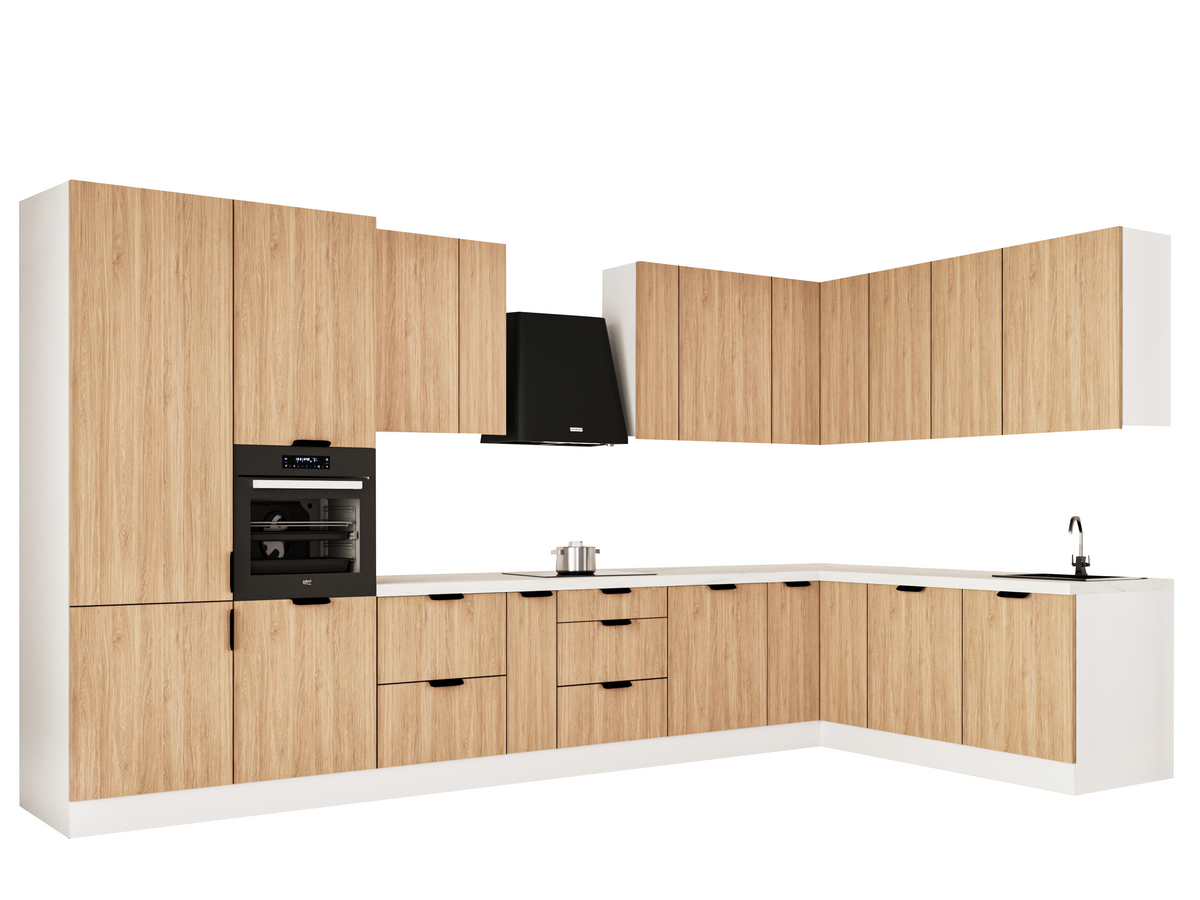 Winkelküche 405 x 205 cm Viel Stauraum Küchenzeile Küchenblock Ohne E-Geräten Einbauküche, Sorento KS5-M405 Sonoma Eiche/Weiß