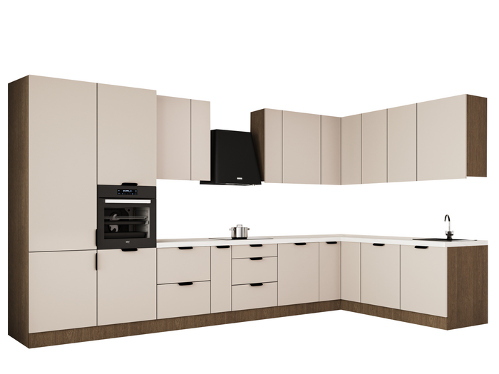 Winkelküche 405 x 205 cm Viel Stauraum Küchenzeile Küchenblock Ohne E-Geräten Einbauküche, Sorento KS5-M405  Beige/Dunkle Eiche