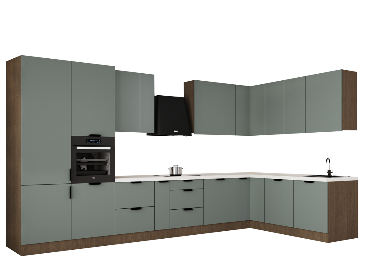 Winkelküche 405 x 205 cm Viel Stauraum Küchenzeile Küchenblock Ohne E-Geräten Einbauküche, Sorento KS5-M405 Grün/Dunkle Eiche