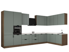Winkelküche 405 x 205 cm Viel Stauraum Küchenzeile Küchenblock Ohne E-Geräten Einbauküche, Sorento KS5-M405 Grün/Dunkle Eiche