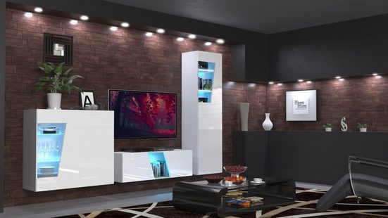Wohnwand LED Weiß Hochglanz S18 - Milaros Markt