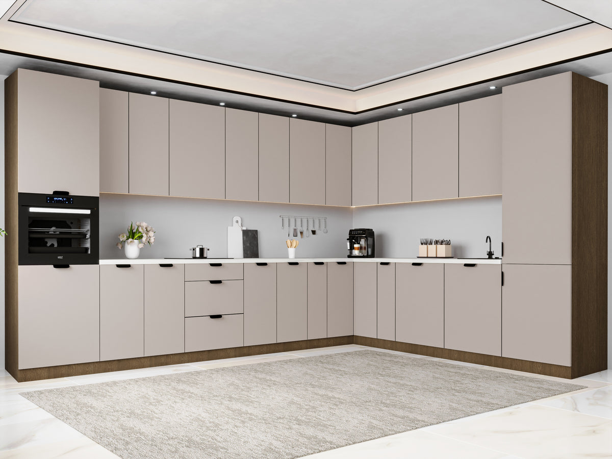 Winkelküche 385 x 285 cm Ohne Arbeitsplatte Eckküche Einbauküche , Sorento KS11-M385 , Beige/Dunkle Eiche