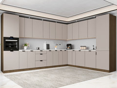 Winkelküche 385 x 285 cm Ohne Arbeitsplatte Eckküche Einbauküche , Sorento KS11-M385 , Beige/Dunkle Eiche