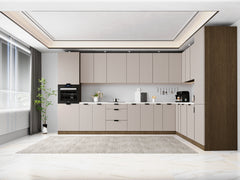 Winkelküche 385 x 285 cm Ohne Arbeitsplatte Eckküche Einbauküche , Sorento KS11-M385 , Beige/Dunkle Eiche