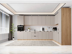 Winkelküche 385 x 285 cm Ohne Arbeitsplatte Eckküche Einbauküche , Sorento KS11-M385 , Beige/Sonoma Eiche