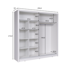 Schiebetürenschrank BAKU 12 – mit Spiegel, Regalen & Kleiderstange (204,4×214,4×62 cm)