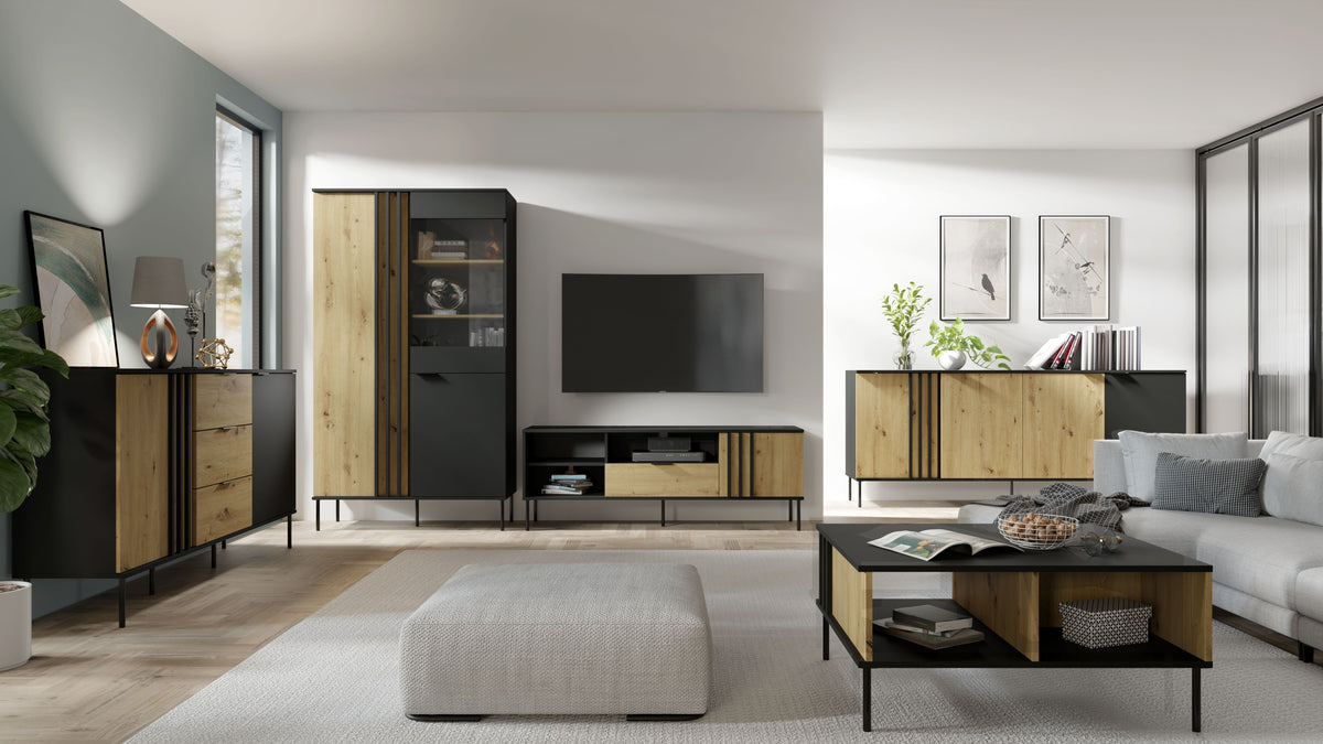Wohnzimmer-Set RAVENO – 5-teilig mit 2 Sideboards, TV-Lowboard, Couchtisch und Vitrine– Schwarz Onyx / Artisan Eiche