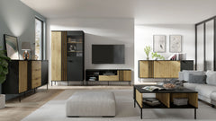 Wohnzimmer-Set RAVENO – 5-teilig mit 2 Sideboards, TV-Lowboard, Couchtisch und Vitrine– Schwarz Onyx / Artisan Eiche