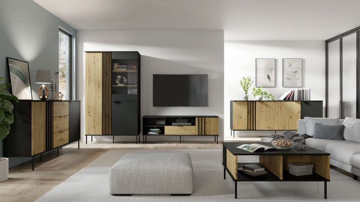 Wohnzimmer-Set RAVENO – 5-teilig mit 2 Sideboards, TV-Lowboard, Couchtisch und Vitrine– Schwarz Onyx / Artisan Eiche