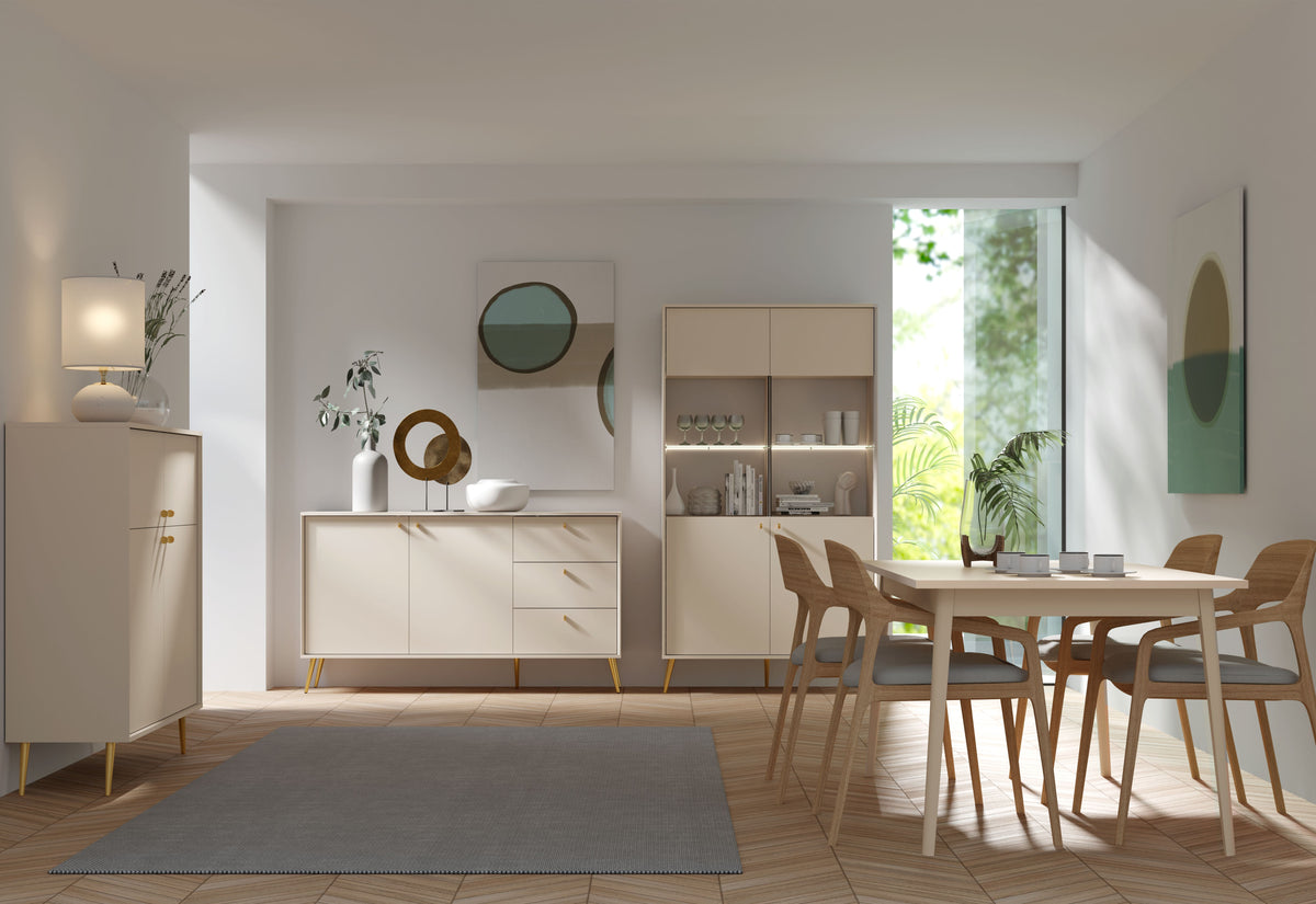 Esszimmer-Set ROSVIA – 4-teilig mit Vitrine, 2 Sideboards und Esstisch 180 cm – Vitrine wahlweise mit oder ohne Beleuchtung – Wüstensand