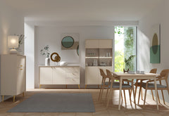 Esszimmer-Set ROSVIA – 4-teilig mit Vitrine, 2 Sideboards und Esstisch 180 cm – Vitrine wahlweise mit oder ohne Beleuchtung – Wüstensand
