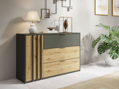 Schlafzimmer-Set RAVENO – 5-teilig mit Kleiderschrank, Bett in 2 Liegeflächen (160×200 oder 180×200 cm), Lattenrost, Kommode und 2 Nachttischen – Grau Graphit / Artisan Eiche