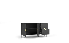 Wohnzimmer-Set MERONA – 4-teilig mit beleuchteter Vitrine, TV-Lowboard, Couchtisch und Sideboard – Schwarz Graphit