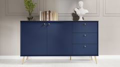 Wohnzimmer-Set ROSVIA – 5-teilig mit Vitrine, 2 Sideboards, TV-Lowboard und Couchtisch – Vitrine wahlweise mit oder ohne Beleuchtung – Dunkelblau