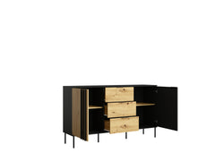Wohnzimmer-Set RAVENO – 5-teilig mit 2 Sideboards, TV-Lowboard, Couchtisch und Vitrine– Schwarz Onyx / Artisan Eiche