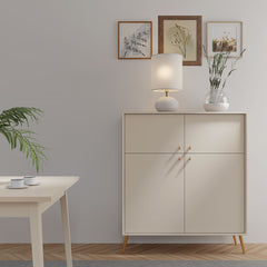 Esszimmer-Set ROSVIA – 4-teilig mit Vitrine, 2 Sideboards und Esstisch 180 cm – Vitrine wahlweise mit oder ohne Beleuchtung – Wüstensand
