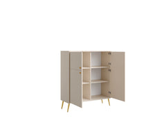 Esszimmer-Set ROSVIA – 4-teilig mit Vitrine, 2 Sideboards und Esstisch 180 cm – Vitrine wahlweise mit oder ohne Beleuchtung – Wüstensand
