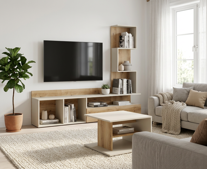 Wohnzimmer-Set LAVORA – 2-teilig mit Wohnwand und Couchtisch – wahlweise mit oder ohne Beleuchtung – Kaschmir Beige / Natural Eiche