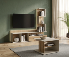 Wohnzimmer-Set LAVORA – 2-teilig mit Wohnwand und Couchtisch – wahlweise mit oder ohne Beleuchtung – Kaschmir Beige / Natural Eiche