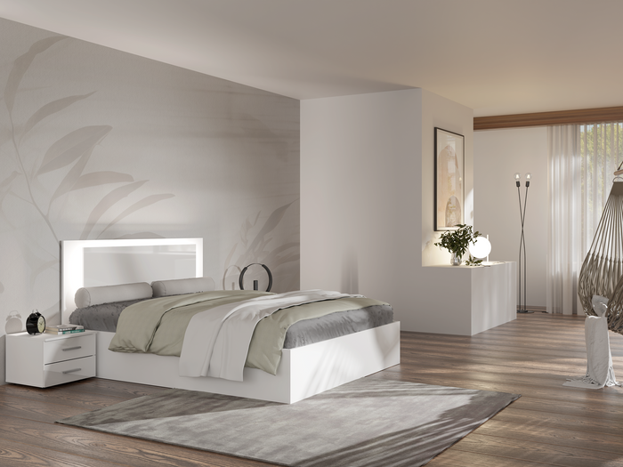 Schlafzimmer-Set SAVONA – 6-teilig mit Schiebetürenschrank, Bett 160×200 cm ohne Bettkasten, Lattenrost, Kommode und 2 Nachttischen – Alpinweiß / Weiß Hochglanz