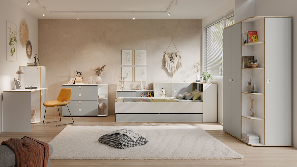 JUGENDZIMMER-SET PENORA – 4-teilig mit Bett 90×200 cm, Kleiderschrank, Schreibtisch und Kommode – Weiß / Grau New York