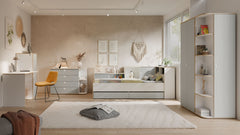 JUGENDZIMMER-SET PENORA – 4-teilig mit Bett 90×200 cm, Kleiderschrank, Schreibtisch und Kommode – Weiß / Grau New York
