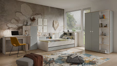 JUGENDZIMMER-SET PENORA – 4-teilig mit Bett 90×200 cm, Kleiderschrank, Schreibtisch und Kommode – Weiß / Grau New York
