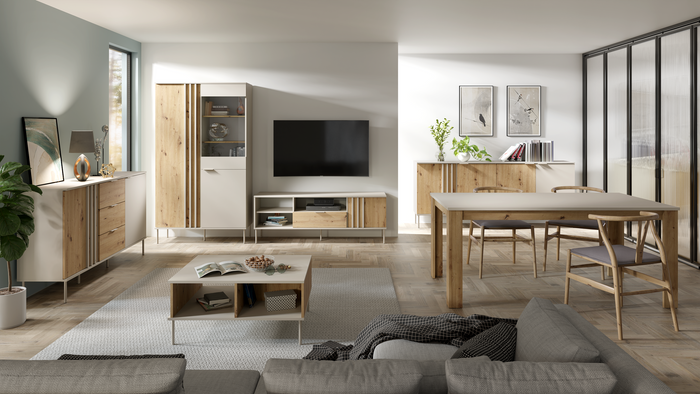 Wohn- und Esszimmer-Set RAVENO – 6-teilig mit Vitrine, 2 Sideboards, TV-Lowboard, Esstisch und Couchtisch – Vitrine wahlweise mit oder ohne Beleuchtung – Kaschmir Beige / Artisan Eiche
