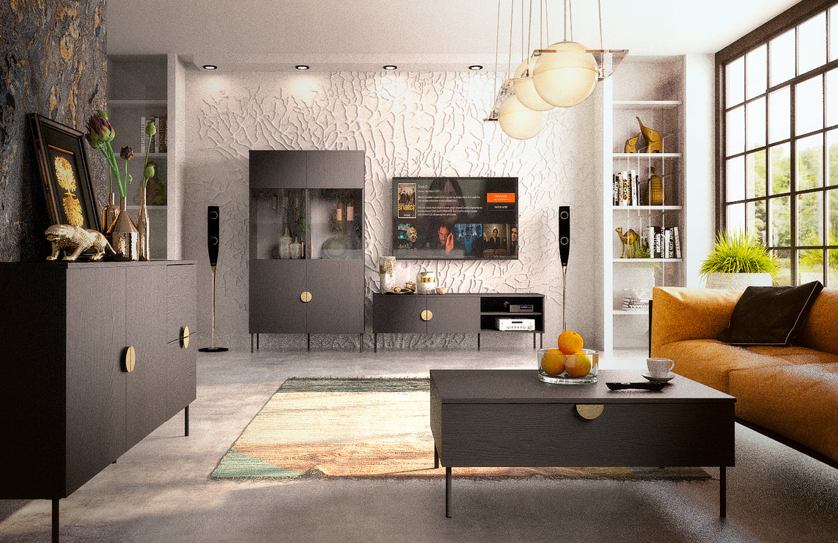 Wohnzimmer-Set MERONA – 4-teilig mit beleuchteter Vitrine, TV-Lowboard, Couchtisch und Sideboard – Schwarz Graphit